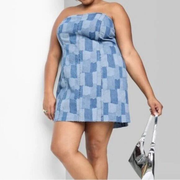 NWT Wild Fable Strapless Mini Tube Dress Womens XXL Blue Denim Patchwork Retro - Picture 1 of 5